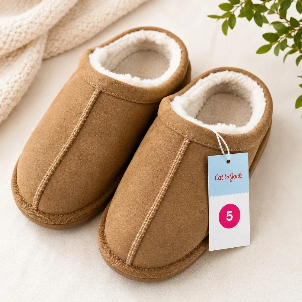 Cat & Jack Nola Brown Faux Suede Faux Fur Lined Slippers Kids Size 5 NWT